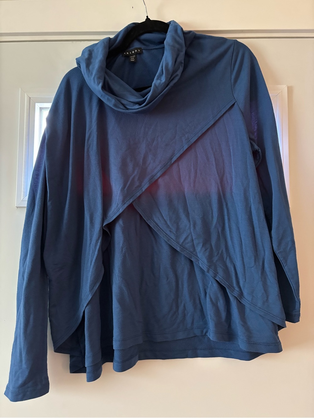 Tribal Blue Draped Cowl Neck Long Sleeve Top